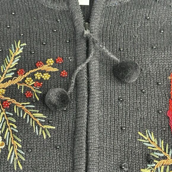 Vtg  Heirloom Collectibles Medium Cardigan Black Sweater Cardinal Beaded Holiday - Picture 5 of 9